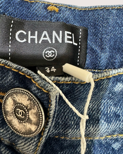 Chanel 23P CC Logo Wide-Leg Denim Jeans Blue, White FR 34
