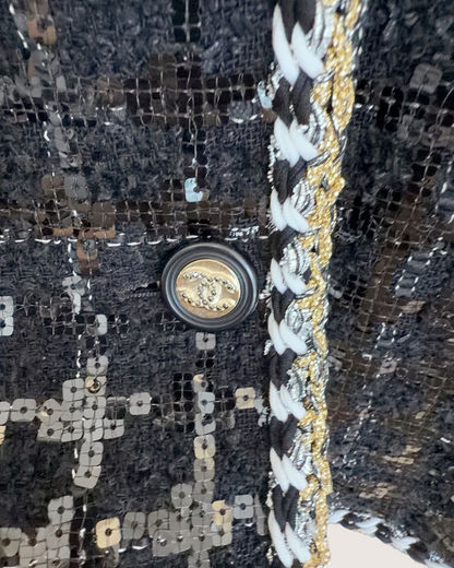 Chanel 21S Sequin Tweed Four-Pocket Jacket Black, Gold, Multicolor FR 40