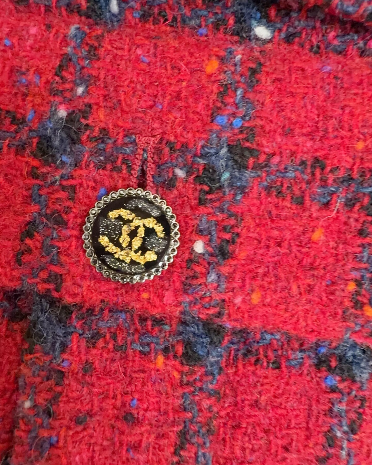 Chanel 22K Checked Tweed Collared Jacket Red, Navy FR 36