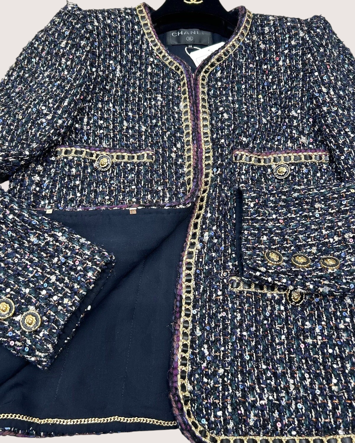 Chanel 21A Wool Sequin Tweed Jacket Navy, Gold, Multicolor FR 38