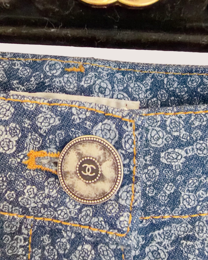 Chanel 21B Camellia Straight Denim Jeans Blue, White FR 36