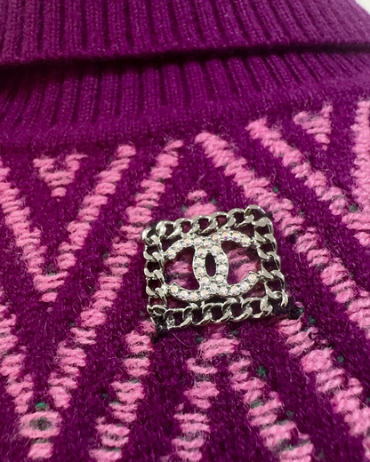 Chanel 21K Cashmere CC Chevron Turtleneck Mini Dress Purple, Pink FR 34