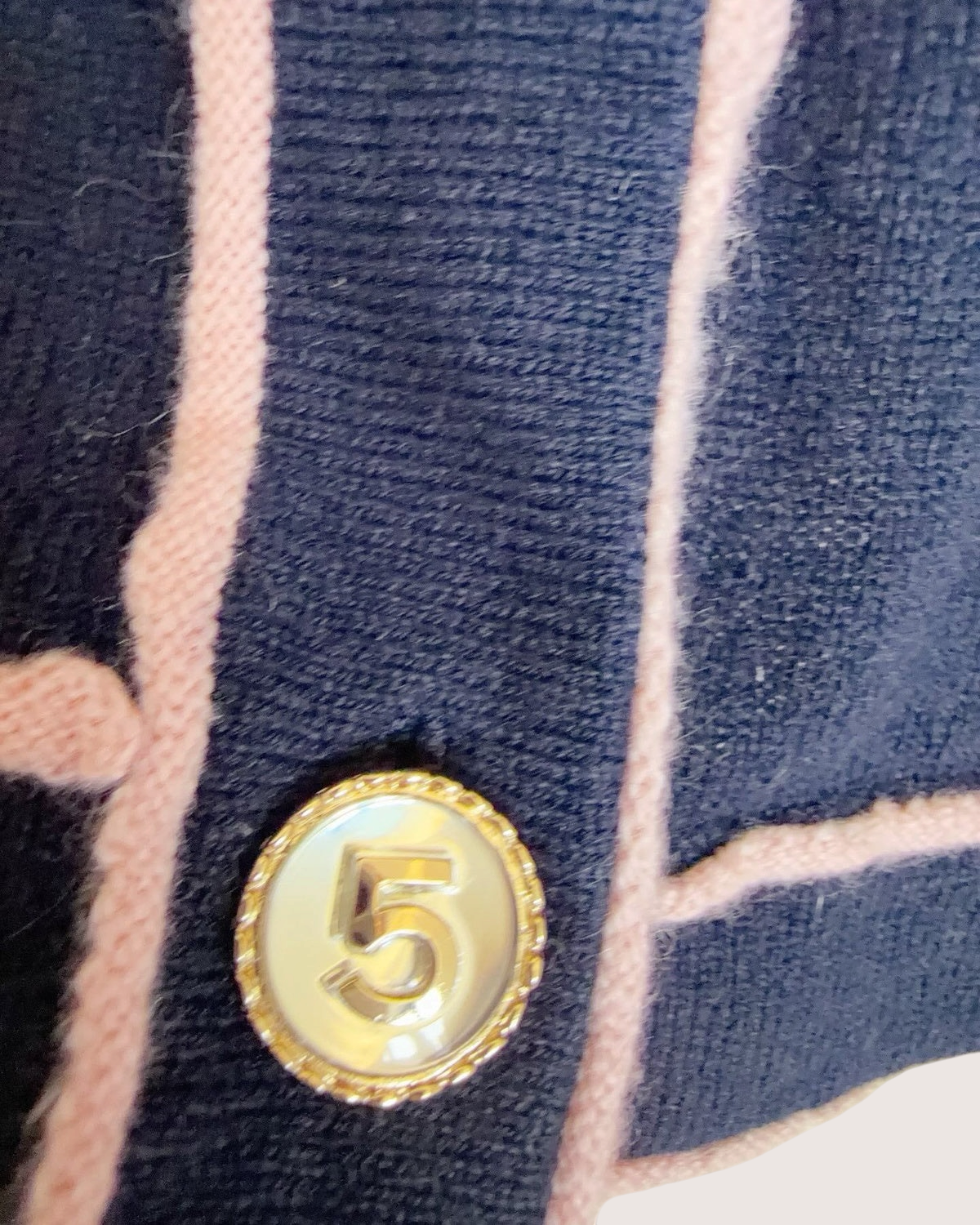 Chanel Pink-Trim Crewneck Cardigan Navy, Pink FR 34