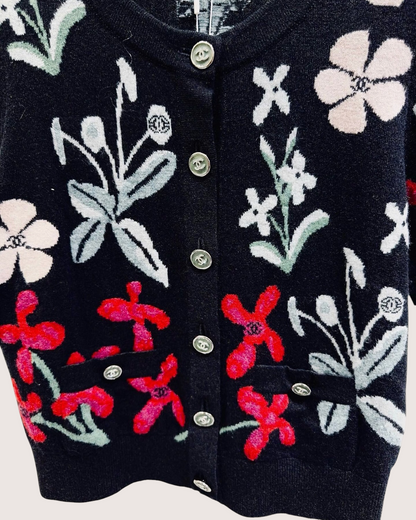Chanel 21A Cashmere CC Floral Short-Sleeve Cardigan Black, Pink, Red, Multicolor FR 38