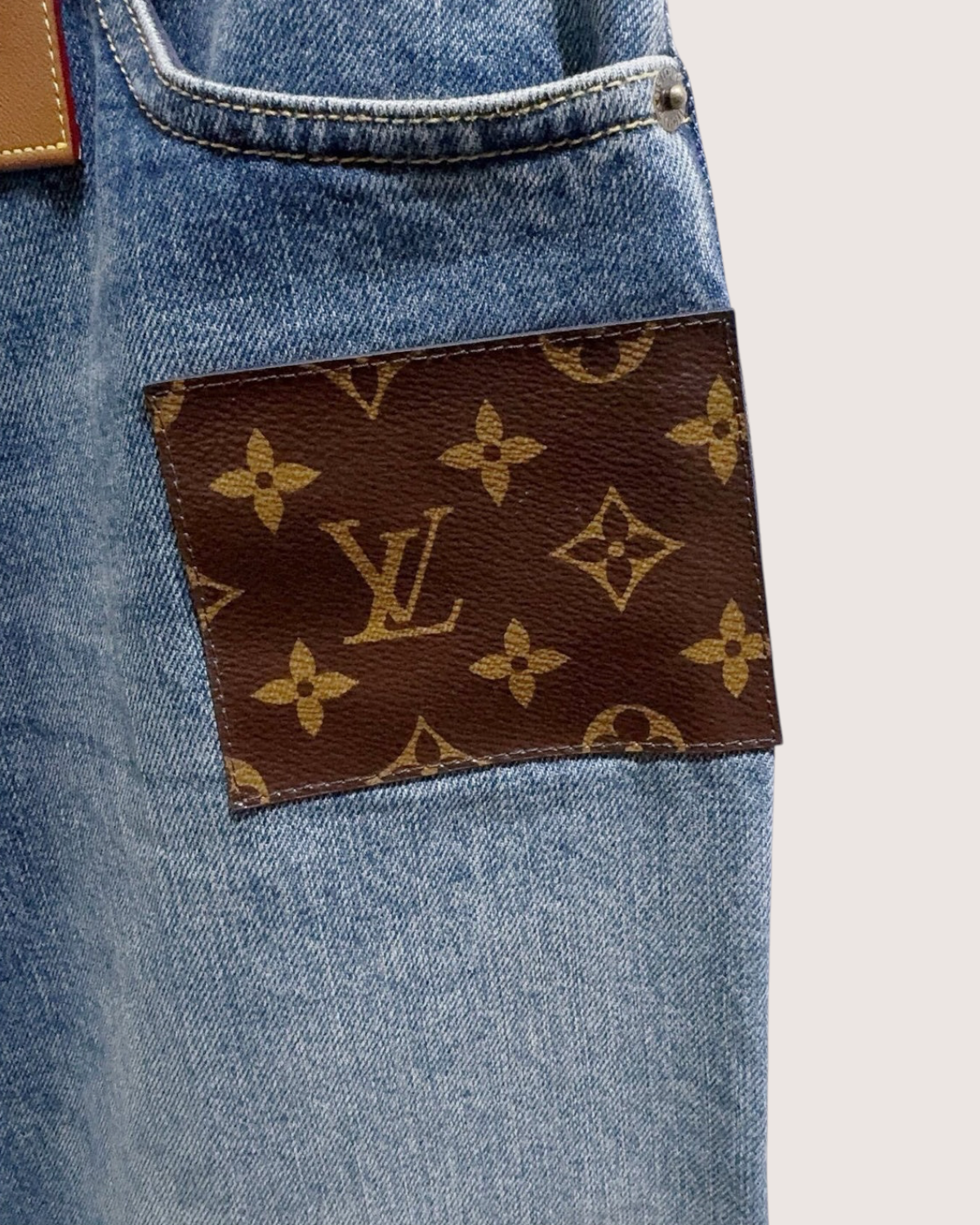 Louis Vuitton Monogram-Patch Wide-Leg Denim Jeans Blue, Brown FR 34