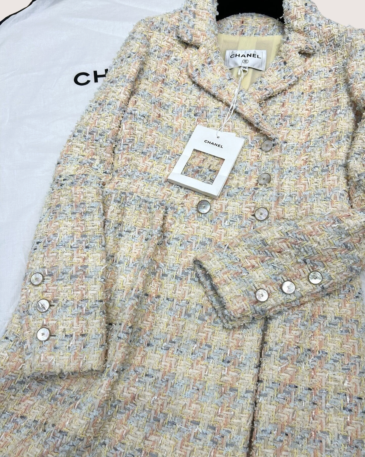 Chanel 25P Tweed Double-Breasted Mid-Length Dress Beige/Ecru, Pink, Multicolor FR 34