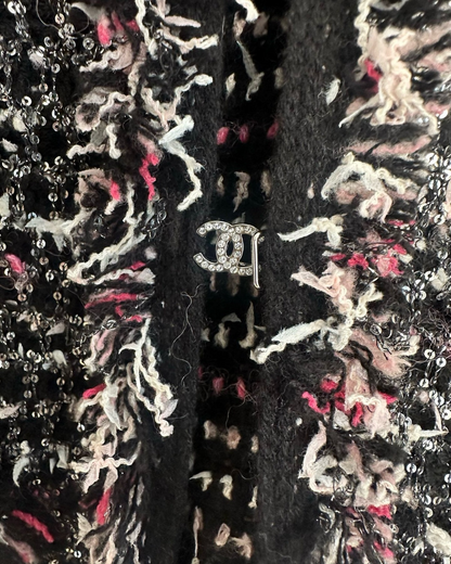 Chanel 24B Tweed Sequin Fringe Jacket Black, White, Multicolor FR 36
