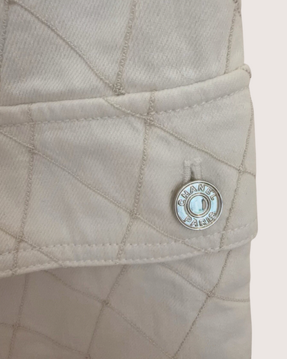 Chanel 26M Coco Beach Diamond-Stitch Wide-Leg Cargo Denim Jeans White, Beige/Ecru FR 36