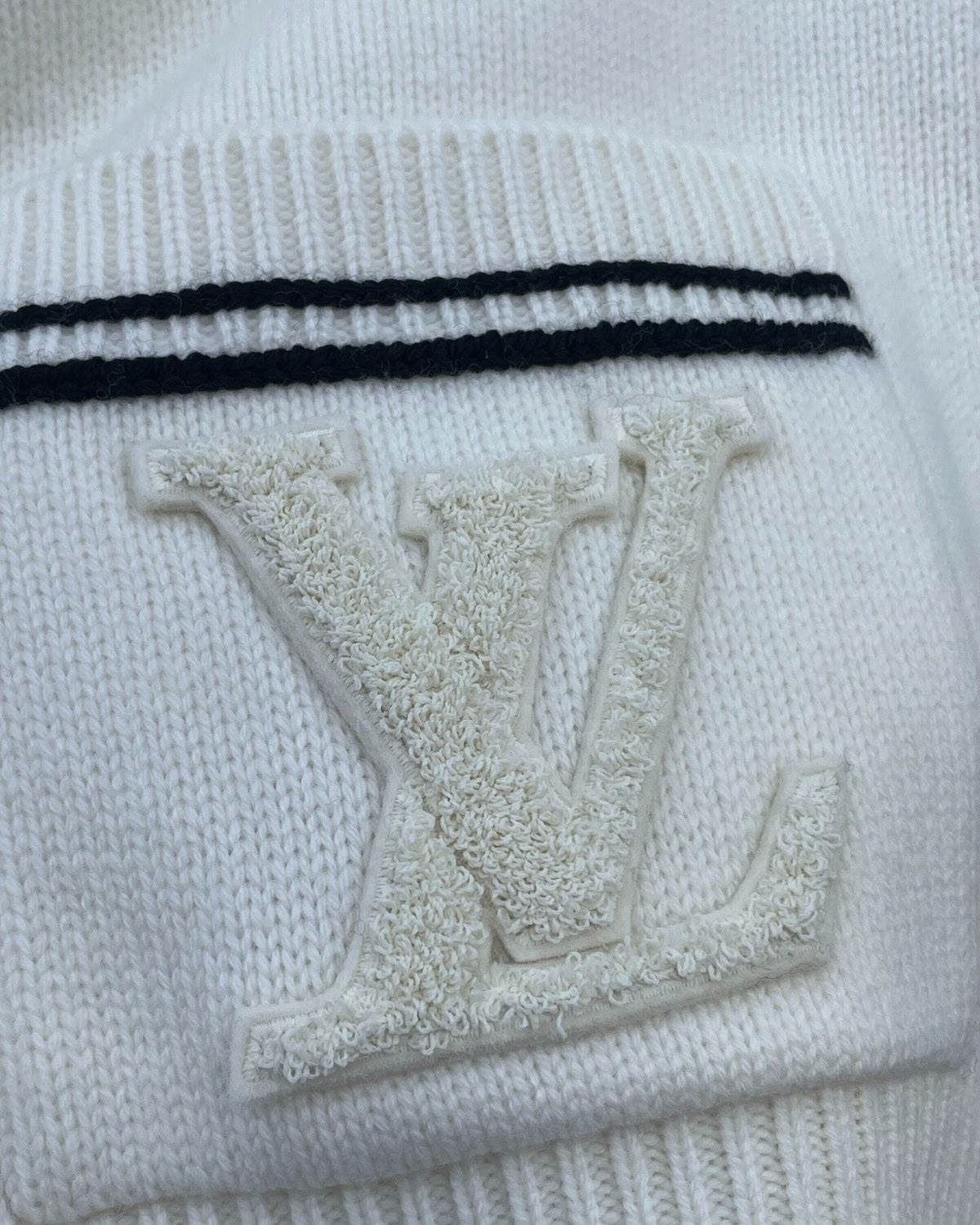 Louis Vuitton Cashmere Striped-Trim LV Logo Cardigan White, Navy FR 34