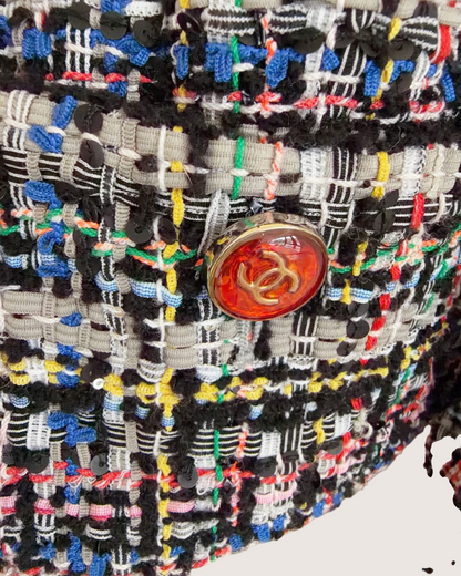 Chanel 23C Sequin Tweed Cropped Jacket Black, Grey, Blue, Multicolor FR 38