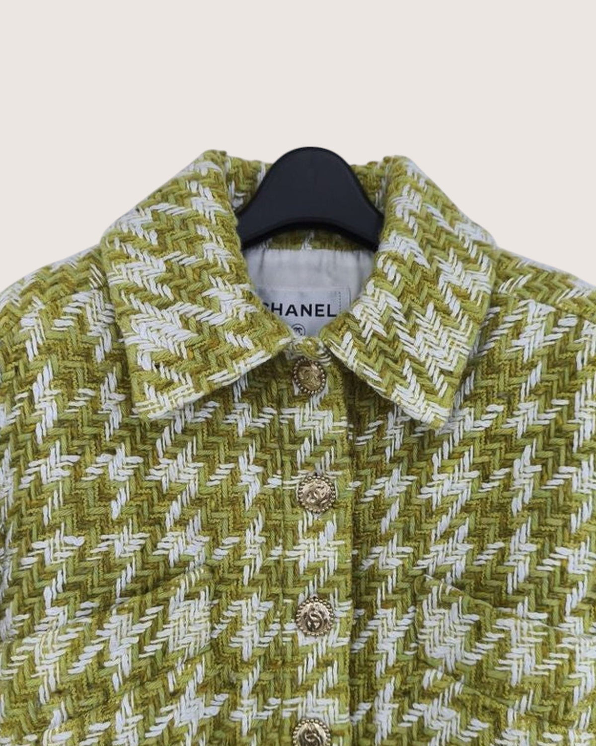 Chanel 22B Houndstooth Wool Cropped Jacket Green, White FR 36
