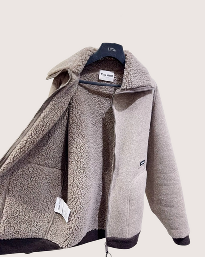 Miu Miu Wool Shearling-Collar Zip-Up Jacket Beige/Ecru, Black FR 36