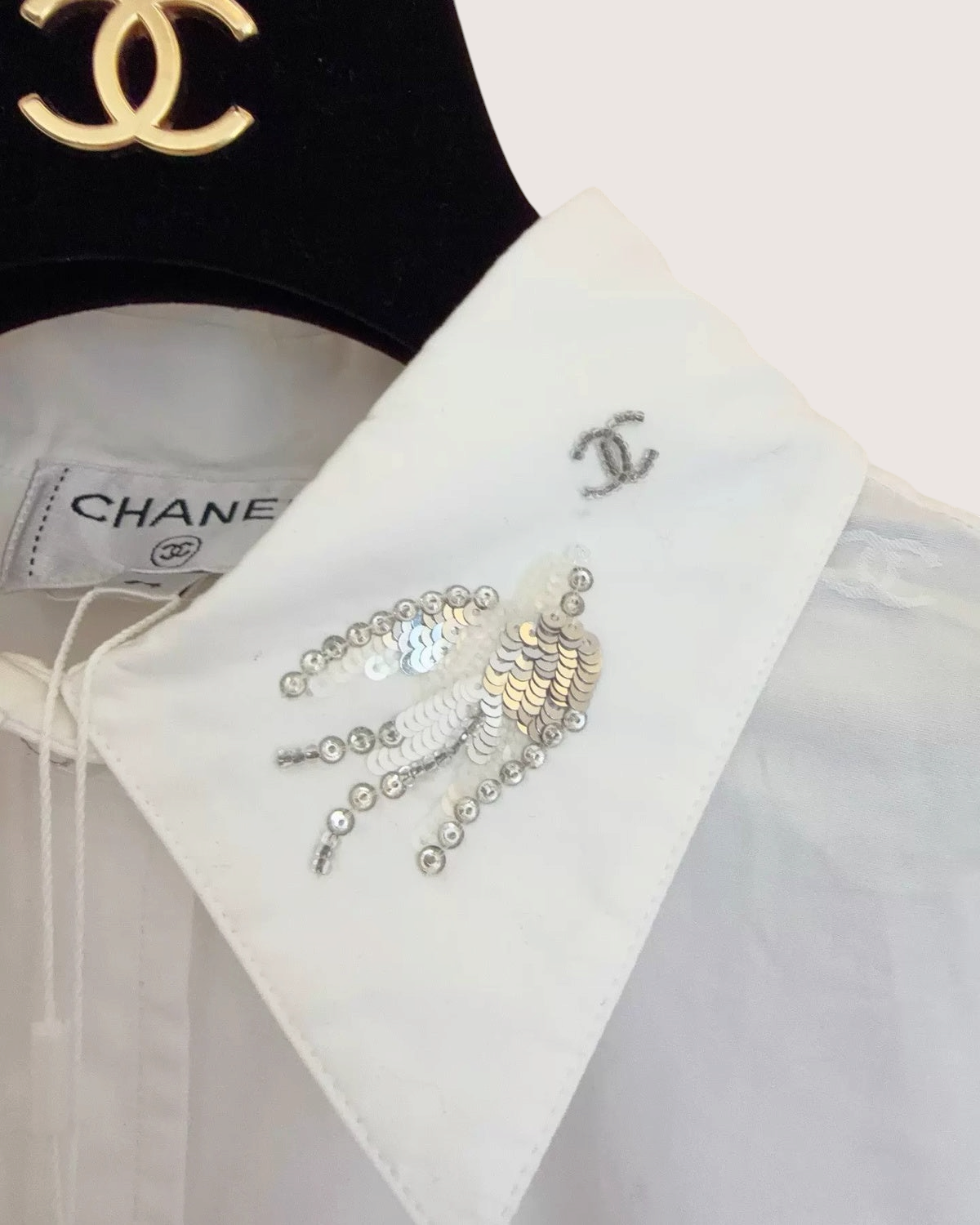 Chanel 25S Sequin Bird Logo Shirt White FR 34