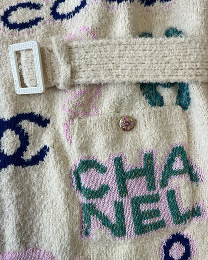 Chanel 23P Long Belted Logo Cardigan Beige/Ecru, Blue, Pink, Multicolor FR 38