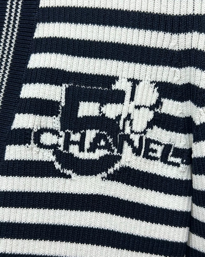 Chanel 23C Striped Cardigan Navy, White FR 34