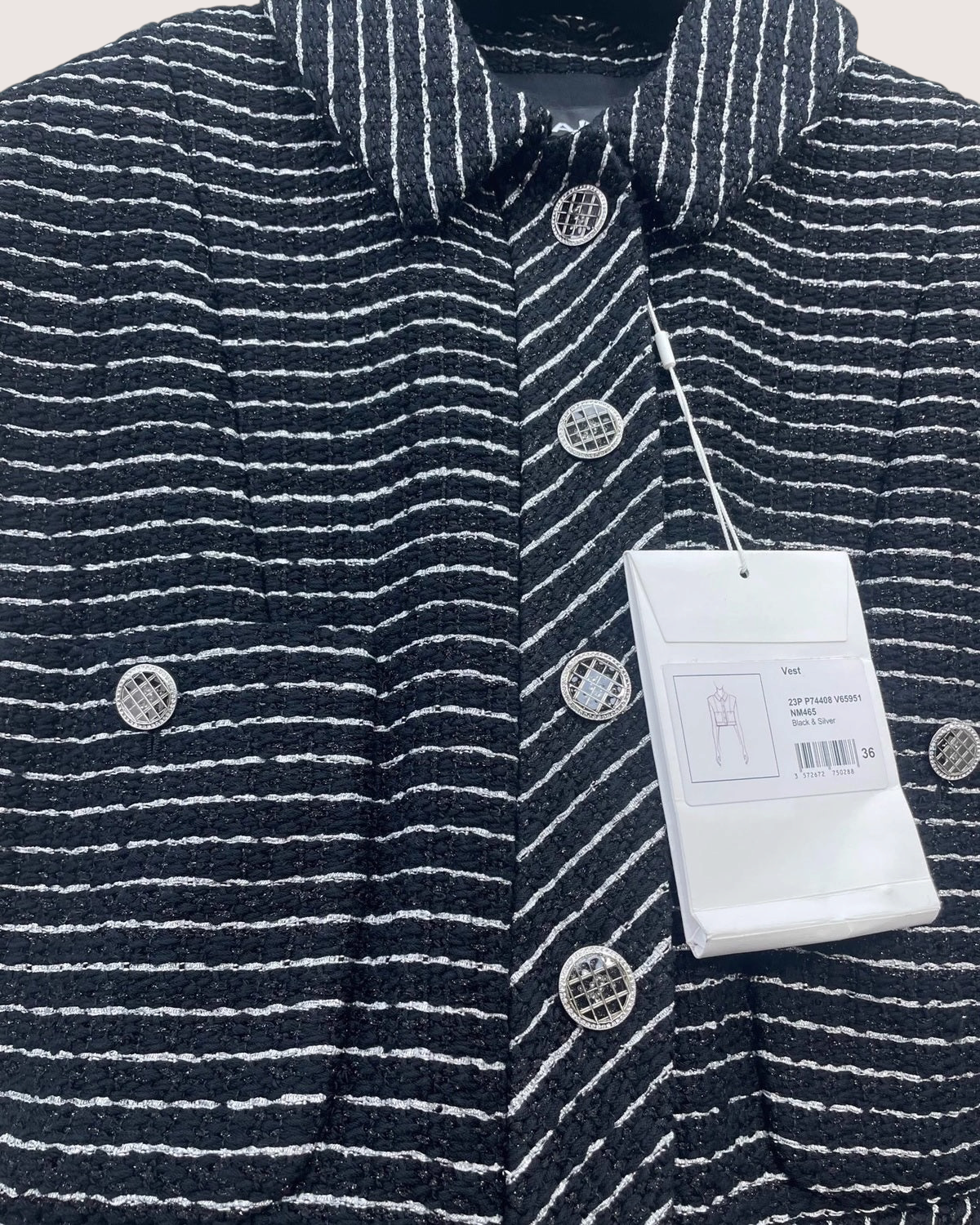 Chanel 23P Striped Tweed Vest Black, Silver FR 36