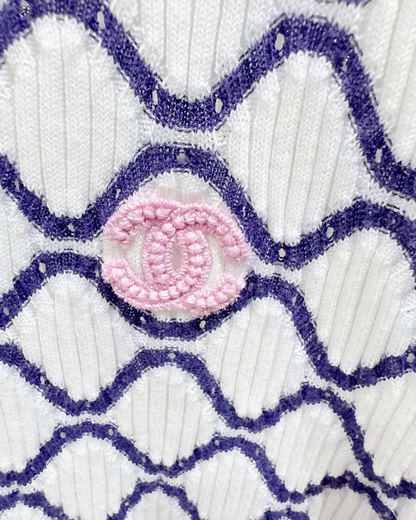 Chanel 20P Honeycomb CC Short-Sleeve Sweater White, Navy, Pink FR 40