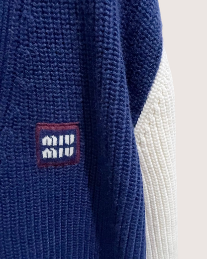 Miu Miu Logo Colorblock Cashmere Cardigan Navy, White FR 36