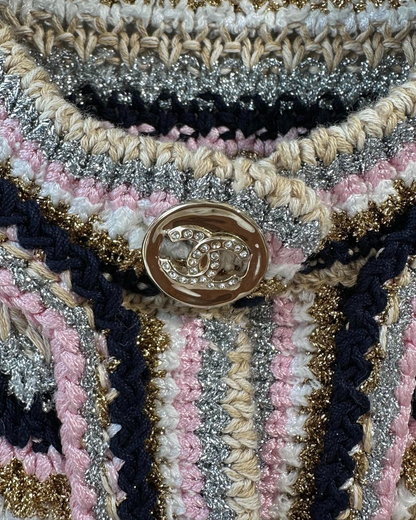 Chanel 24P Metallic Striped Cardigan Beige/Ecru, Navy, Pink, Multicolor FR 38