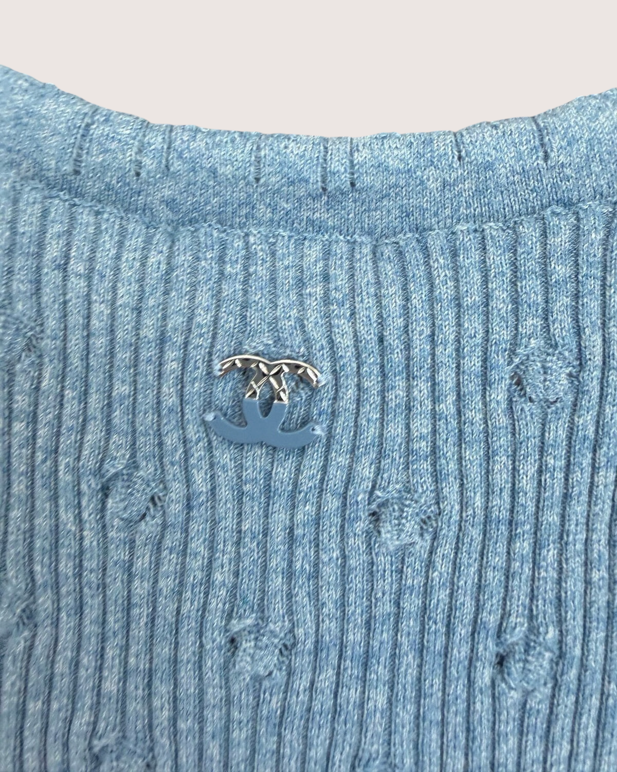Chanel 25P CC Openwork Short-Sleeve Sweater Blue FR 34