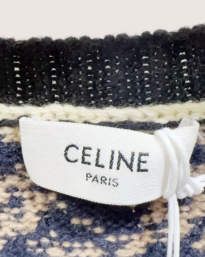 Celine Wool Fringe Cropped Sweater Navy, Beige/Ecru, Multicolor FR 38