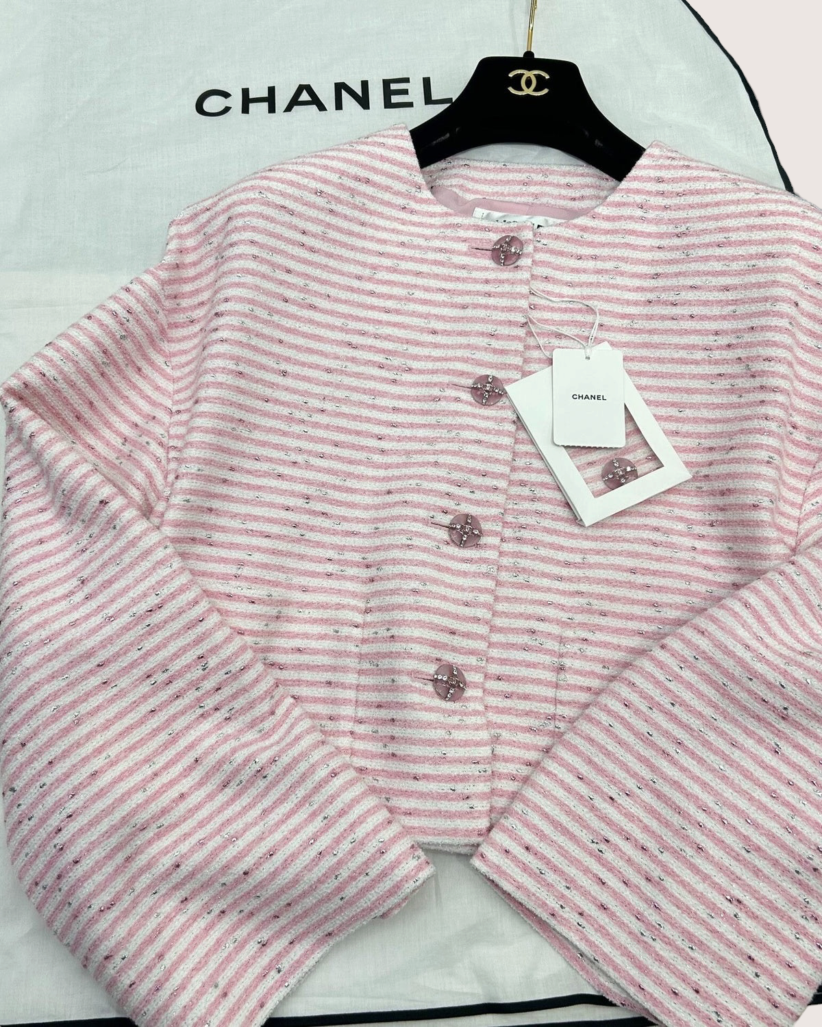 Chanel 24C Striped Tweed Crewneck Shimmer Jacket Pink, White FR 40