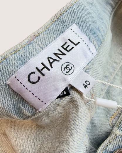 Chanel 25P Pearl Denim Straight Jeans Blue, White FR 40