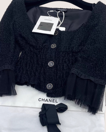 Chanel 25B Cropped Lace-Trim Top Black FR 34