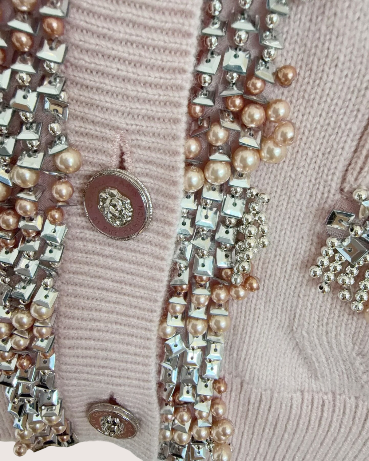 Chanel 22P Cashmere Pearl-Embellished Short-Sleeve Cardigan Pink, Silver FR 38
