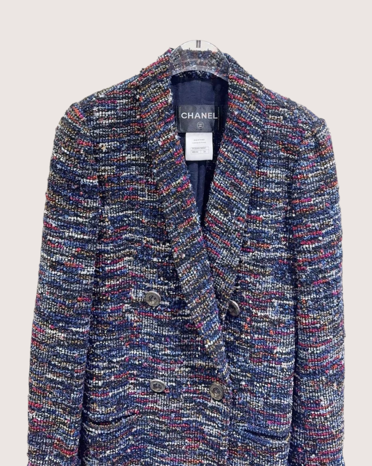 Chanel 15S Tweed Double-Breasted Jacket Navy, Pink, Multicolor FR 34