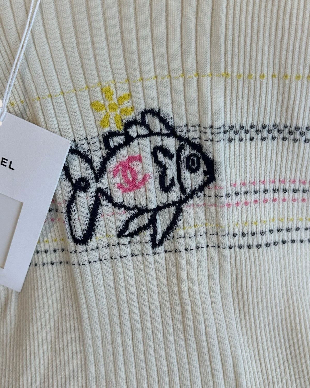 Chanel 25P Fish Short-Sleeve Sweater Beige/Ecru, Pink, Black FR 38