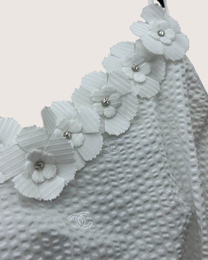 Chanel 26C Floral-Trim Peplum Camisole Top White FR 34