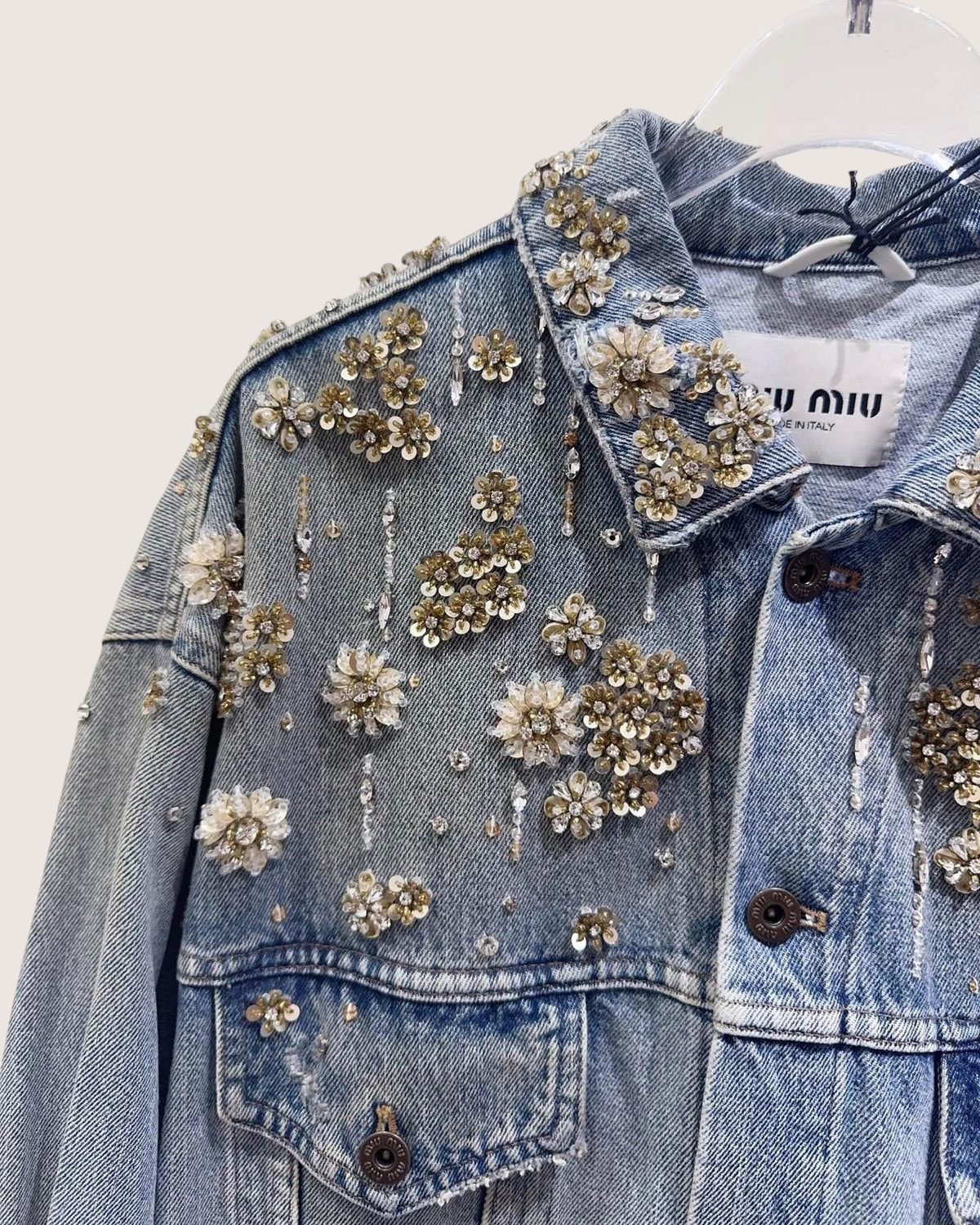 Miu Miu Crystal Denim Jacket Blue, Gold, Silver FR 40