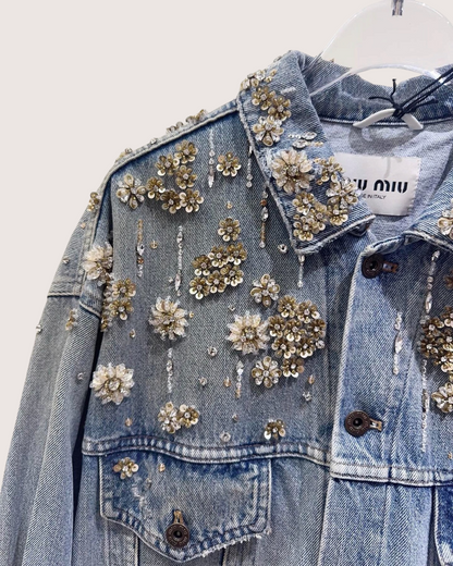 Miu Miu Crystal Denim Jacket Blue, Gold, Silver FR 40