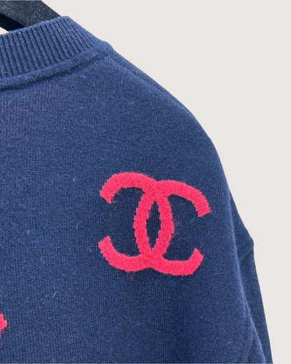 Chanel 21P CC Monogram Cashmere Sweater Navy, Pink FR 38