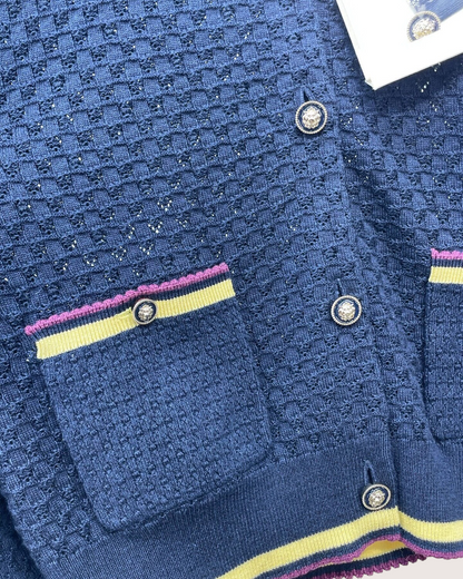 Chanel 26C Cashmere Openwork Cardigan Navy, Yellow, Purple FR 38