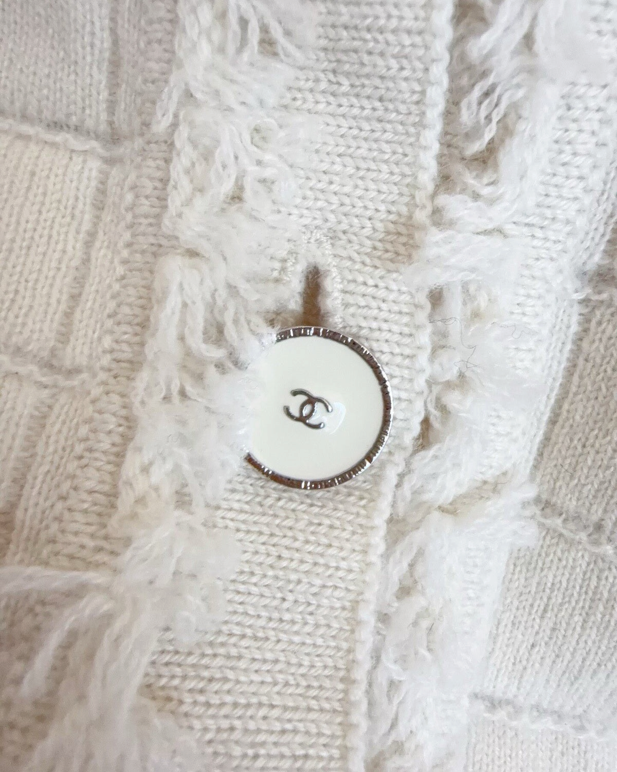 Chanel 26P Cashmere Plaid Fringe-Trim Cardigan Beige/Ecru FR 34