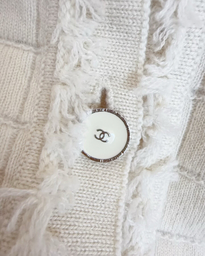 Chanel 26P Cashmere Plaid Fringe-Trim Cardigan Beige/Ecru FR 34