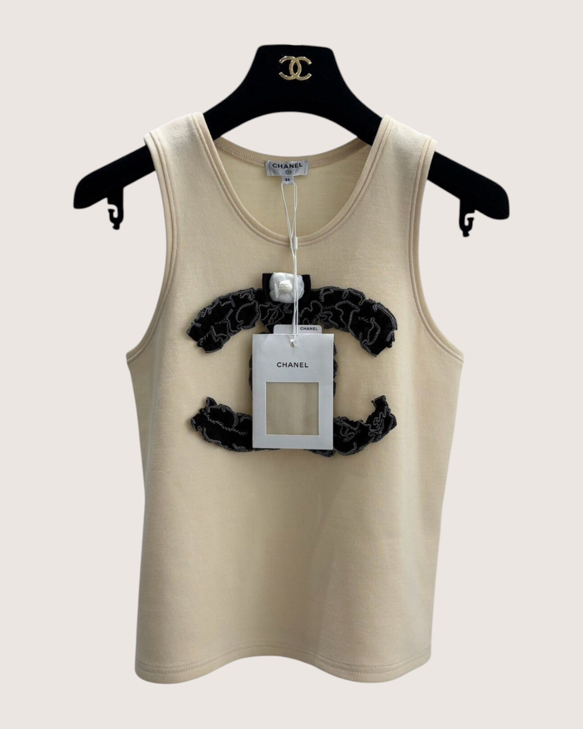 Chanel 20A Wool CC Camellia Vest Beige/Ecru, Black FR 36