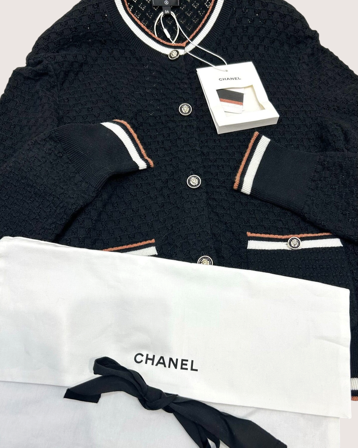 Chanel 26C Contrast-Trim Cardigan Black, White, Brown FR 34