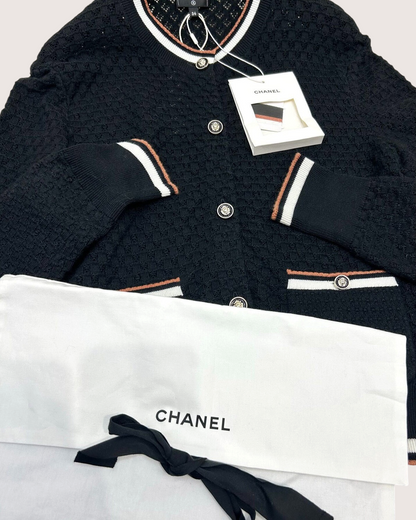 Chanel 26C Contrast-Trim Cardigan Black, White, Brown FR 34