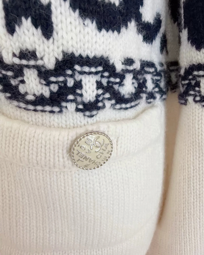 Chanel 20P Clover Cashmere Cardigan White, Navy, Beige/Ecru FR 38