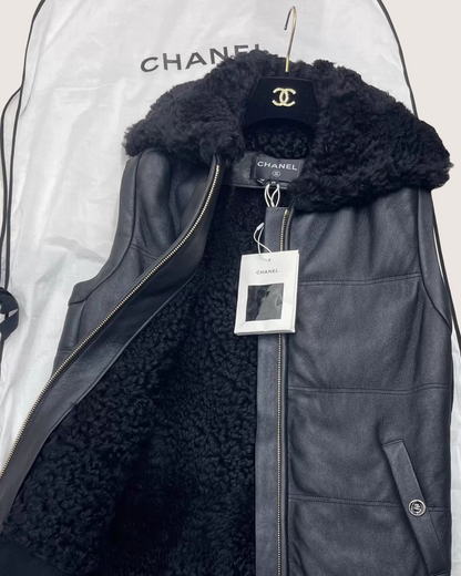 Chanel 25B Shearling Fur Vest Black FR 38