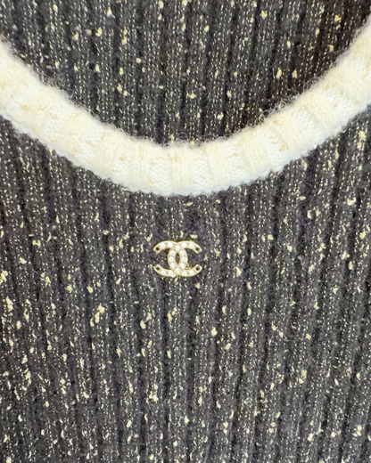 Chanel 25A CC Contrast-Trim Ribbed Tank Top Black, Beige/Ecru, Gold FR 36