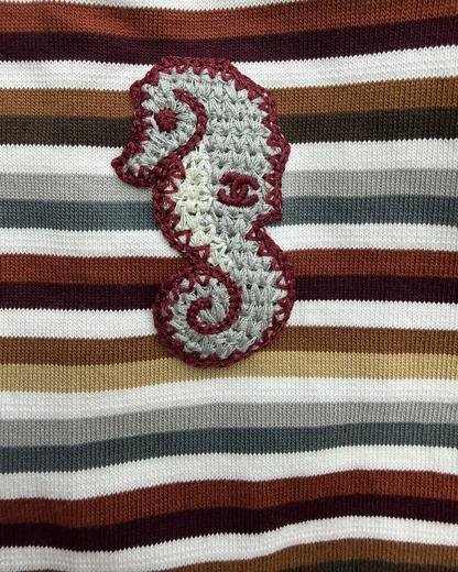 Chanel 26M Coco Beach Striped Seahorse T-Shirt Burgundy, White, Multicolor FR 36