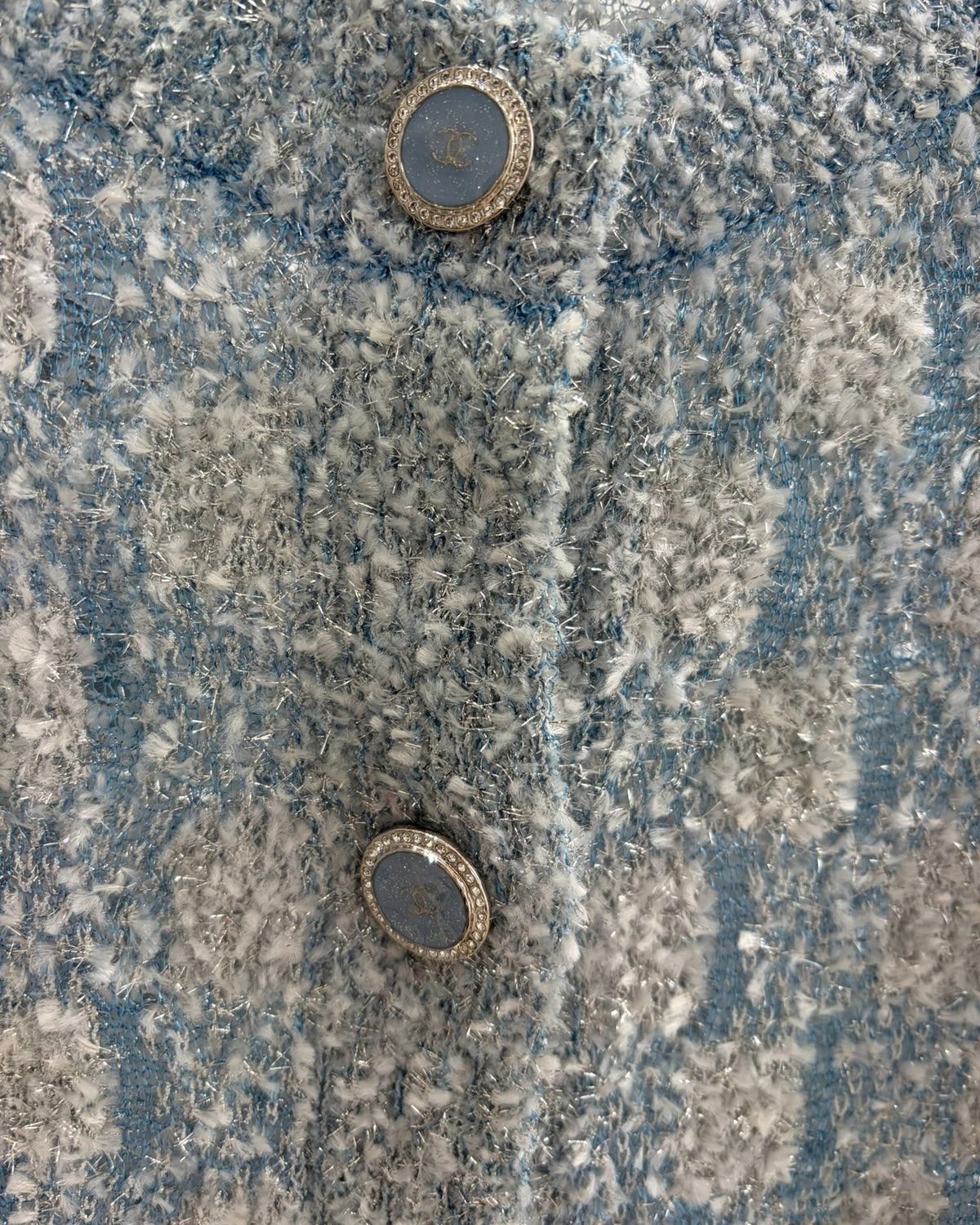 Chanel 26C Knit Shimmer Cardigan Blue, White, Silver FR 42