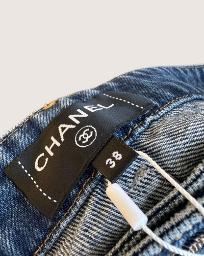Chanel 24B Logo Heart Straight Denim Jeans Blue FR 38