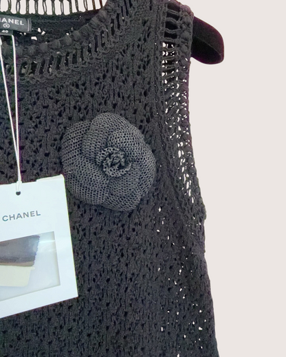 Chanel 20P Camellia Openwork Maxi Dress Black FR 40