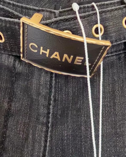 Chanel 23S Belted Wide-Leg Denim Jeans Black FR 38