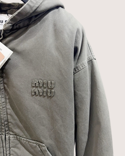 Miu Miu Hooded Zip-Up Jacket Grey FR 34